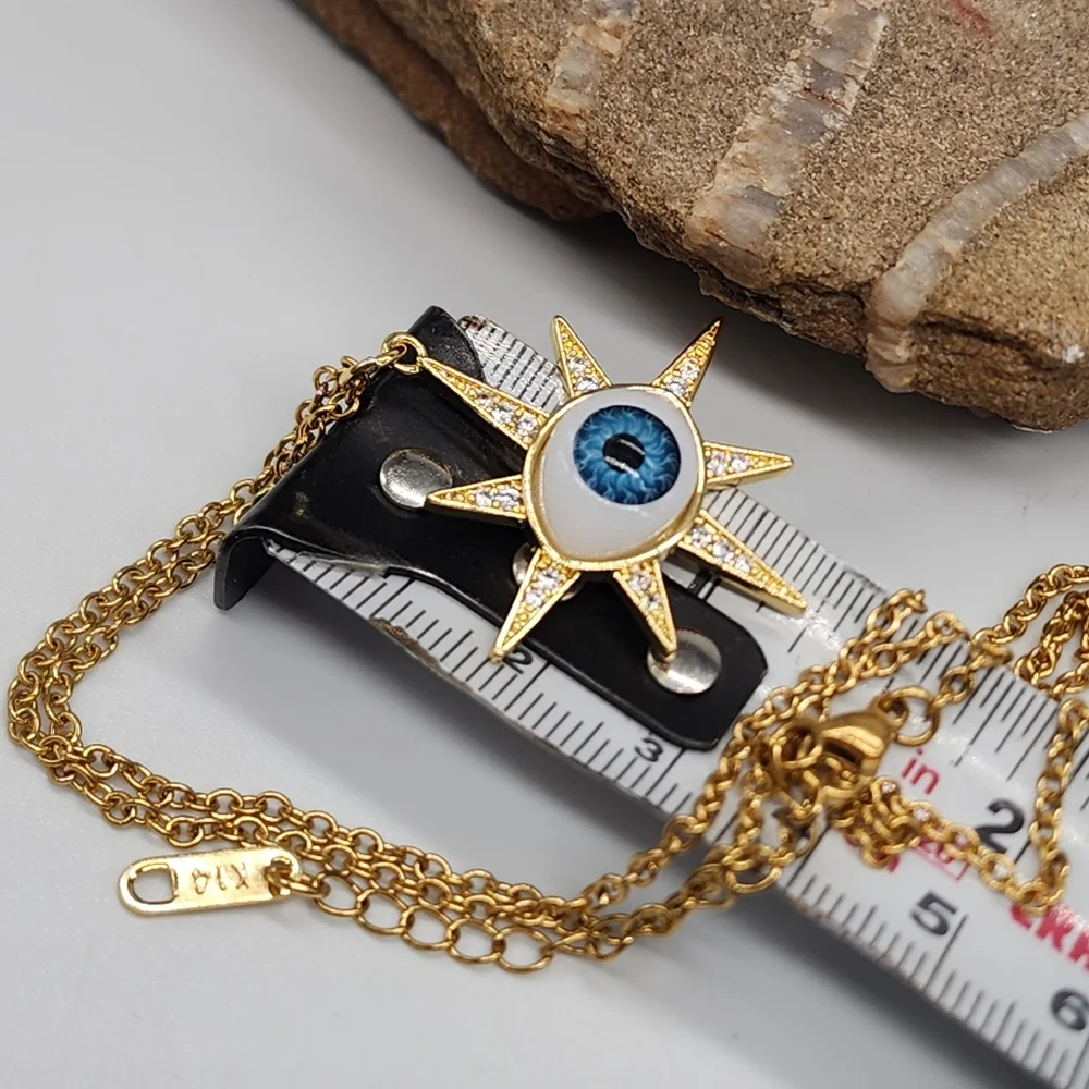 Rhodium 14K Gold Plated Chain Moroccan Evil Eye Star Mystic Pendant